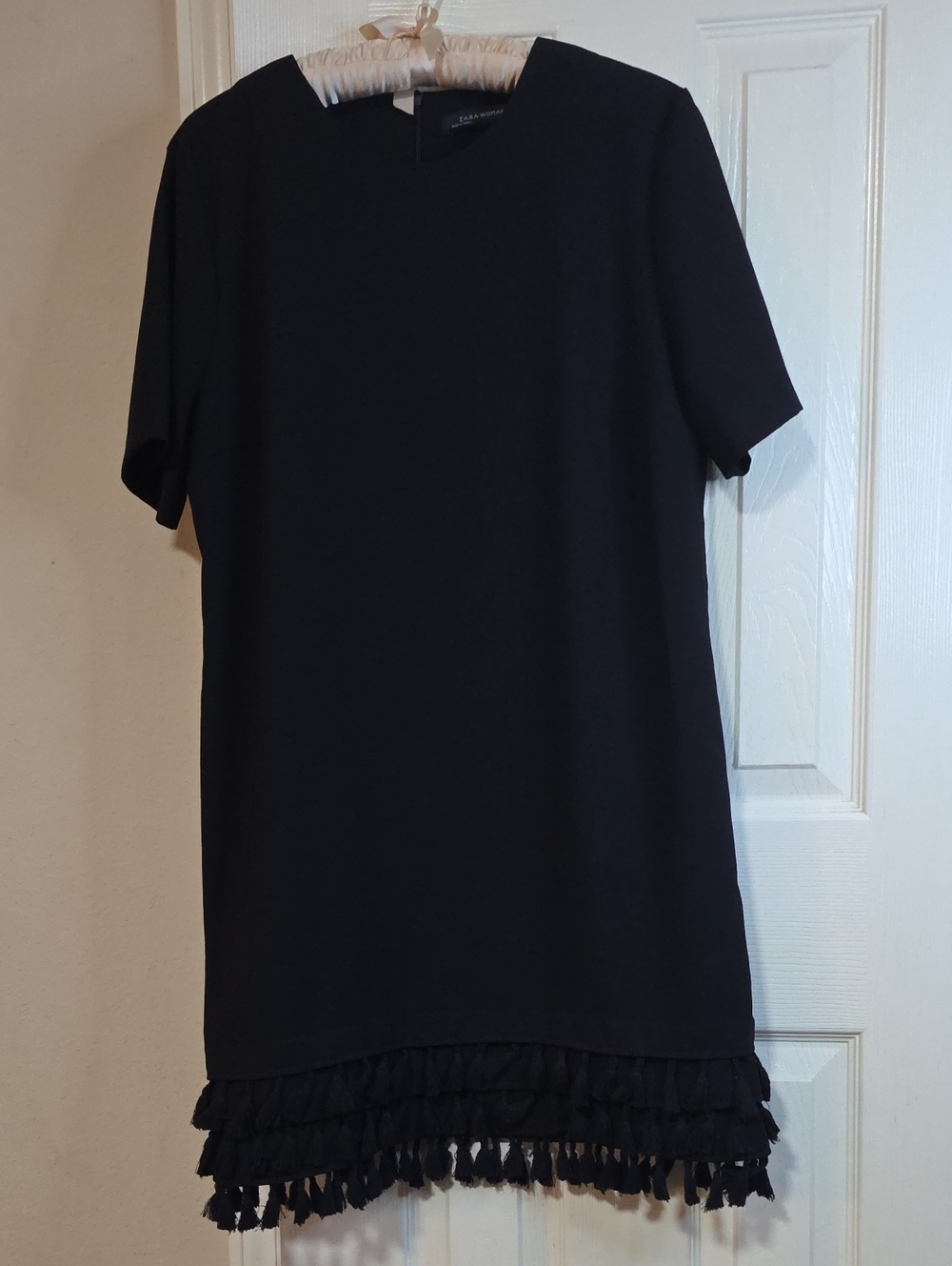 Zara Black Short Sleeve Shift Dress with Tassel Hem